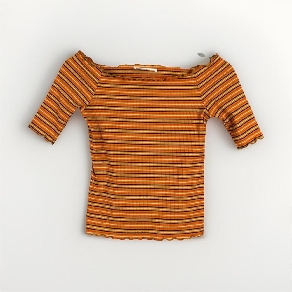 Caution to the Wind Orange Yellow Striped Off Shoulder Lettuce Hem Top Women’s S